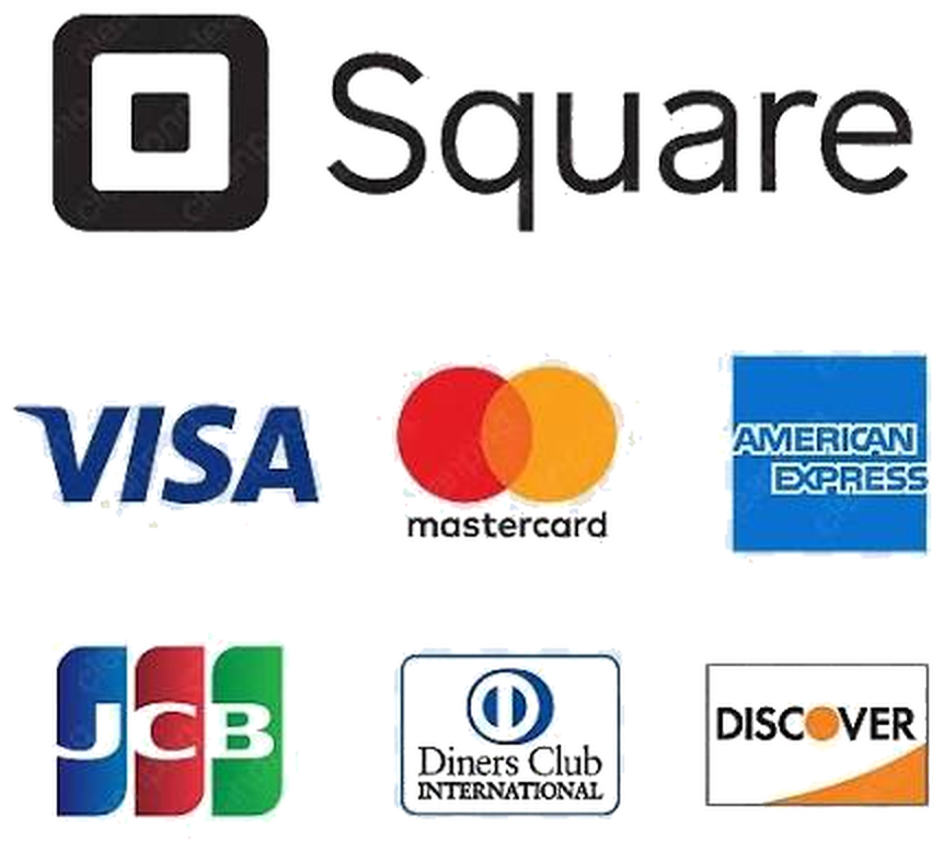 Payments accepted through Square: Visa, Mastercard, American Express, JCB, Diners Club and Discover